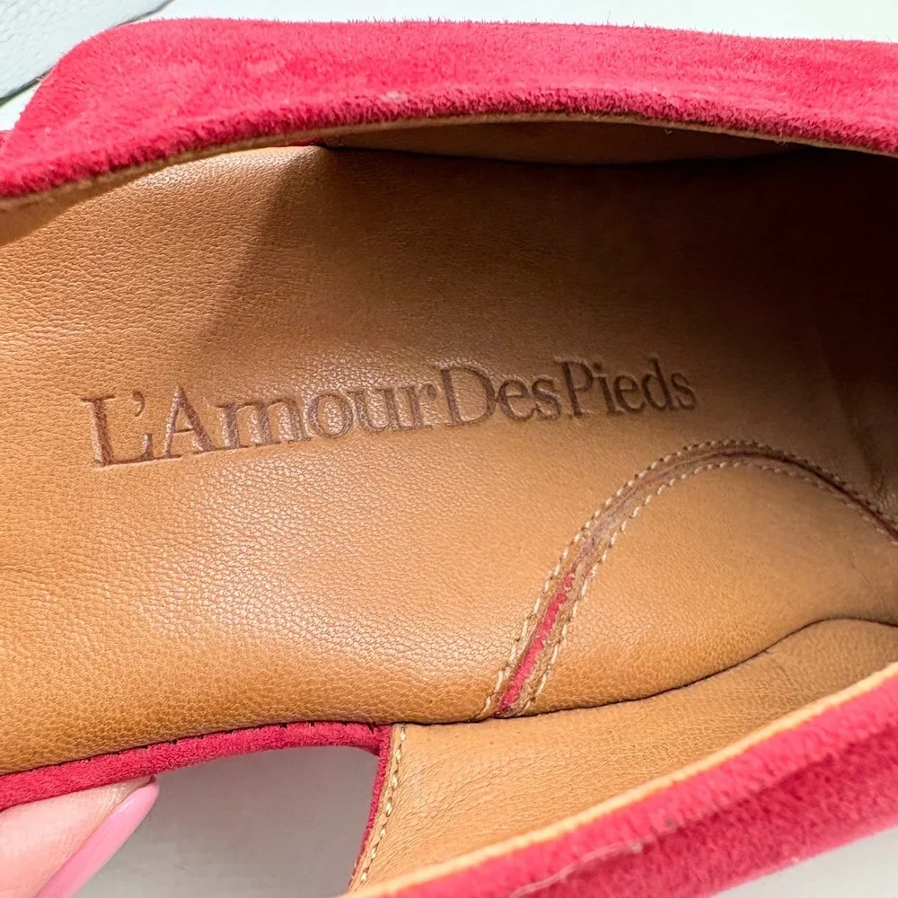 L'Amour Des Pieds Raspberry Pink Suede Wedge Sandals Peep Toe Slingback 8.5M‎